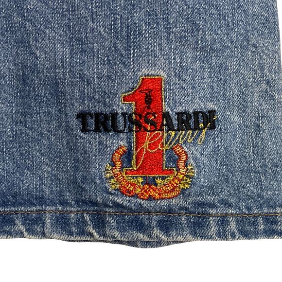 Trussardi Jeans Denim Mini Skirt Embroidered Logo Italy Vintage Size 26 - Picture 2 of 7